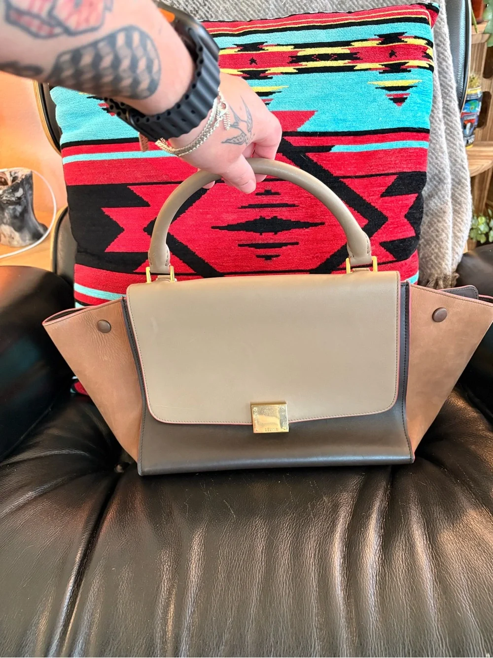 CELINE Trapeze handbag tote in Taupe and Brown - Pre-Loved Great condition w/COA